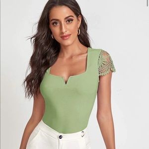 Notch Neck Lace Green Sleeve Top